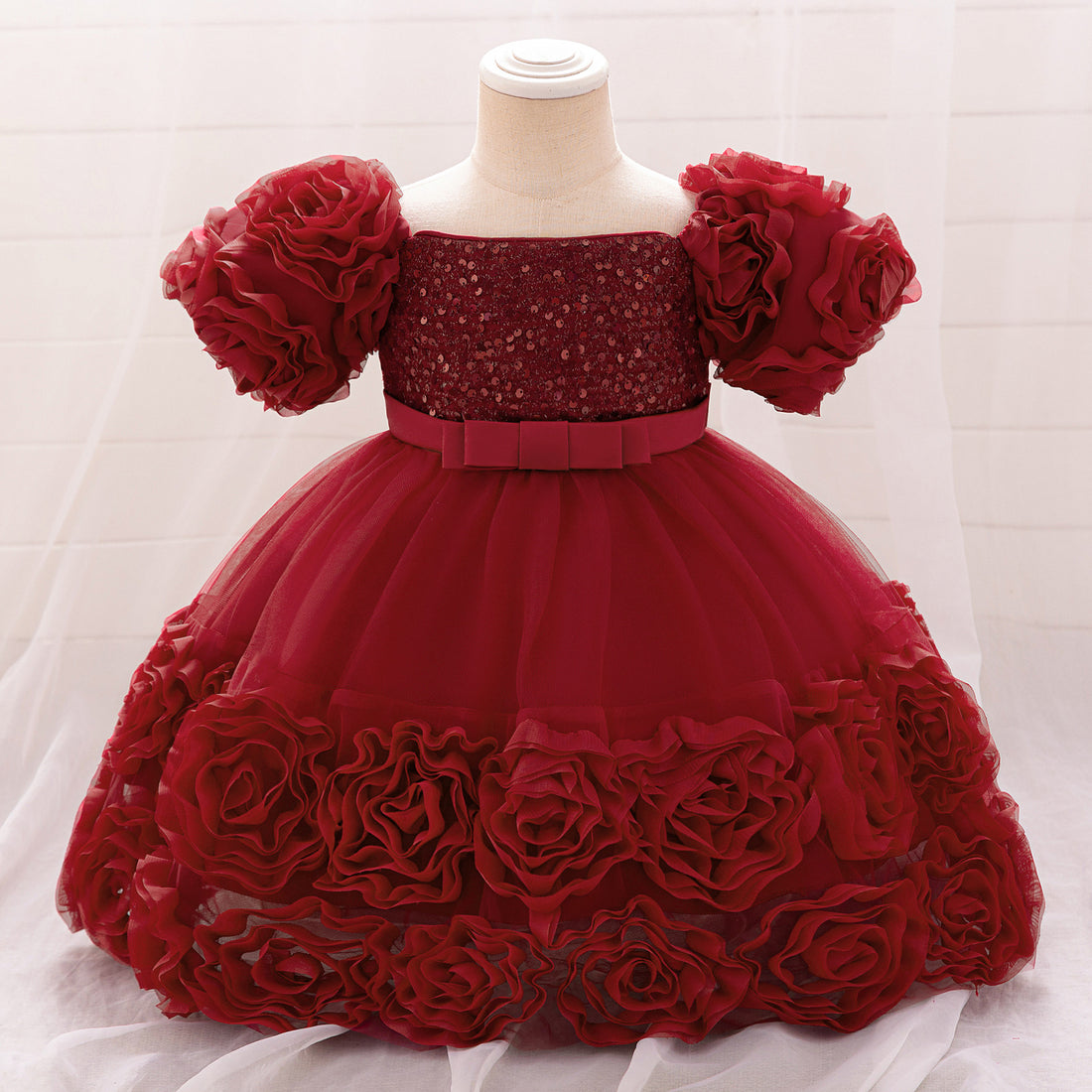 Amazon's new baby dress bead bubble sleeve princess dress three-dimensional applique mesh puffy dress