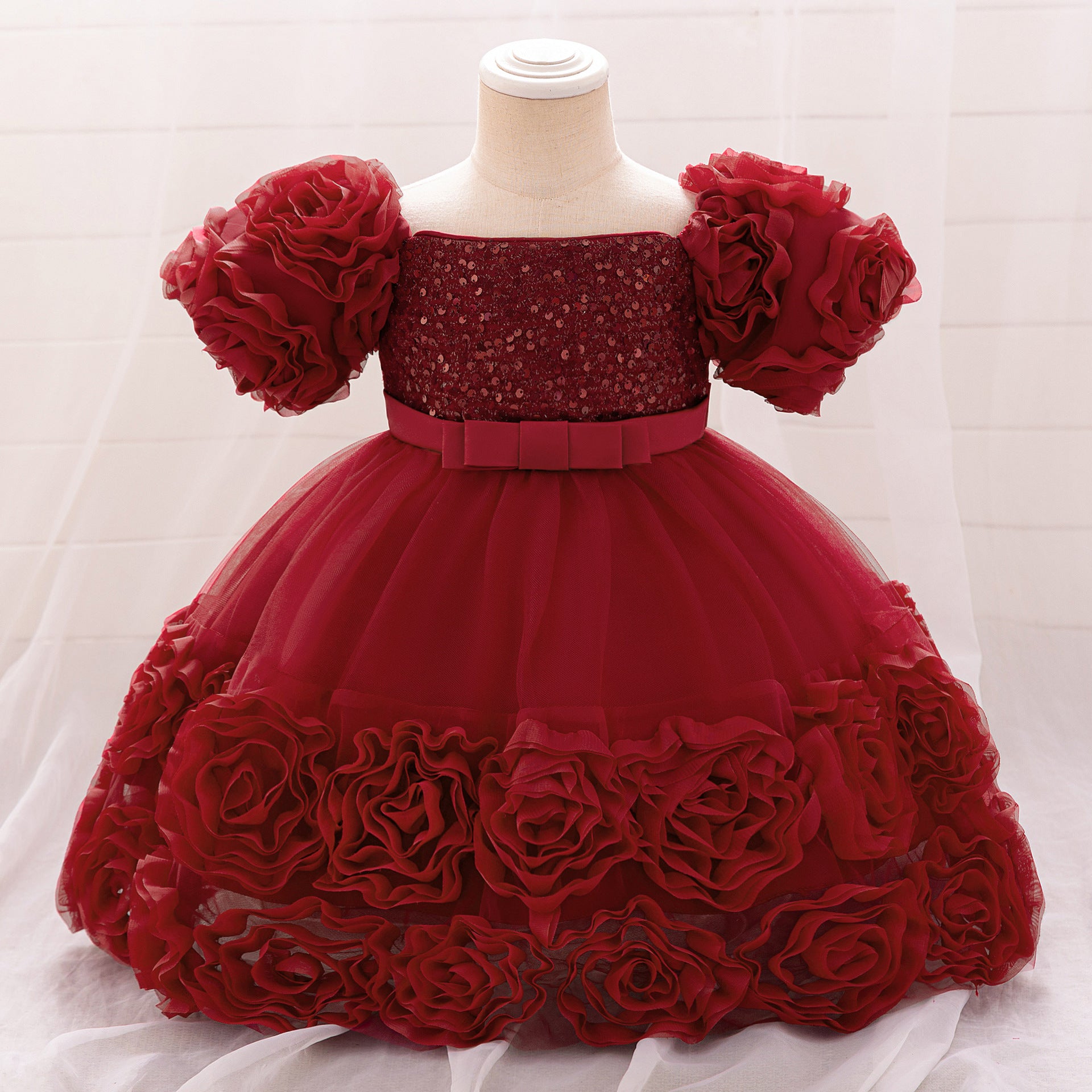 Amazon's new baby dress bead bubble sleeve princess dress three-dimensional applique mesh puffy dress