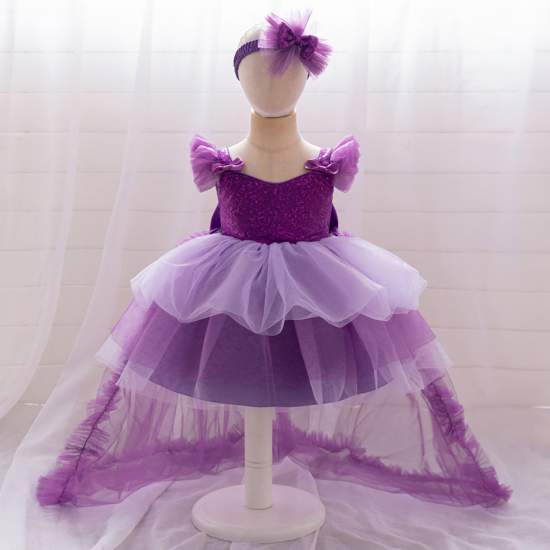 Cross-border wholesale girls trailing dress dress little girl banquet host piano performance dress small wedding dress