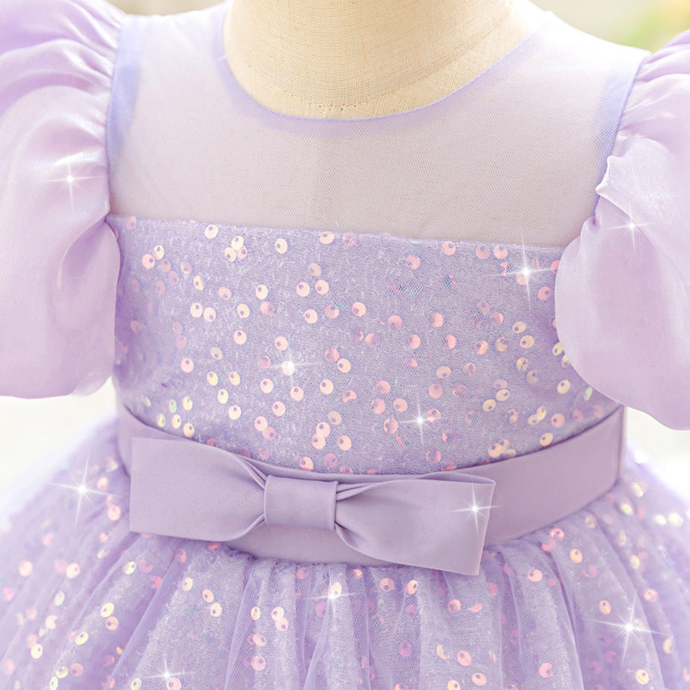 Amazon little girl wedding dress flower girl dress children's bubble sleeve sequins high-end princess dress host performance dress