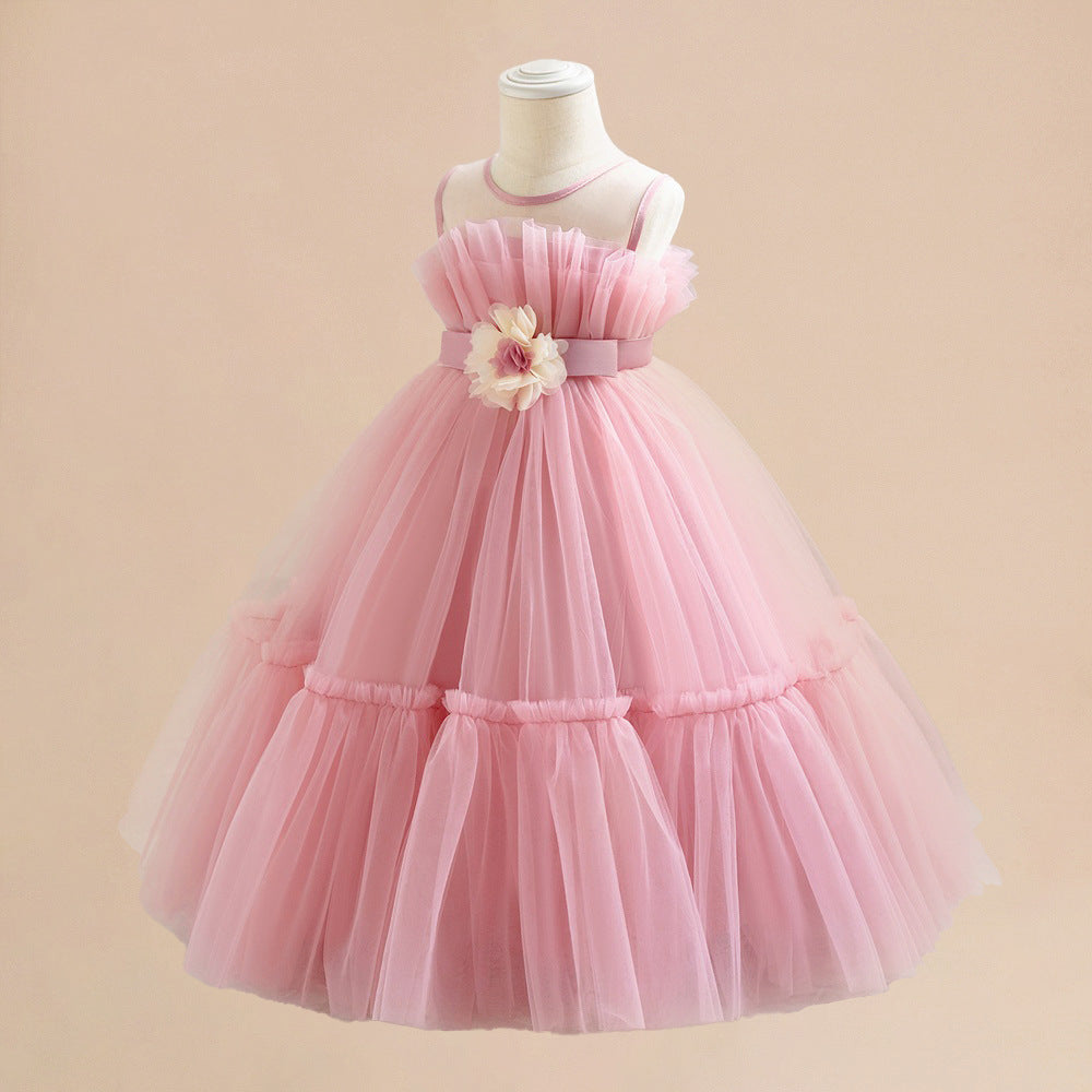 Amazon's new medium and small children's dress wedding season flower girl dress small flower pleated mesh fluffy princess dress