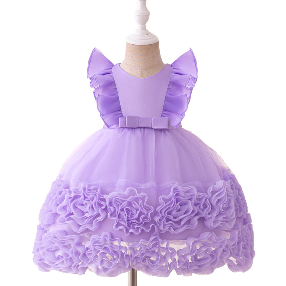 European and American new medium and small children's dresses wedding season flower girl three-dimensional small flying sleeves fluffy princess dress baby year-old dress