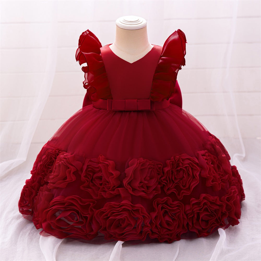 Cross-border infant princess dress, small flying sleeves, lace tutu dress, wedding flower girl dress, baby year-old wash dress