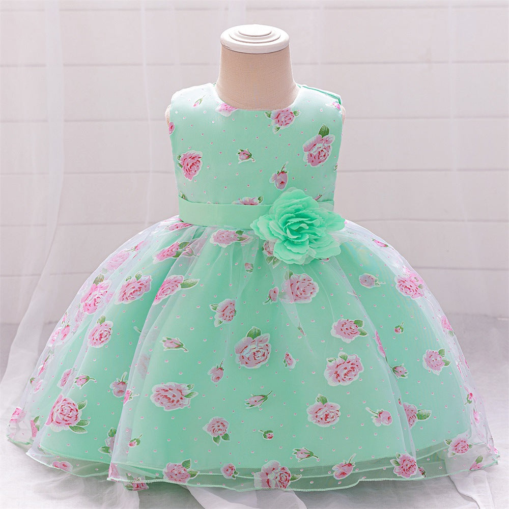 European and American new foreign style girls mesh printing flower girl tutu skirt baby year old dress children princess dress