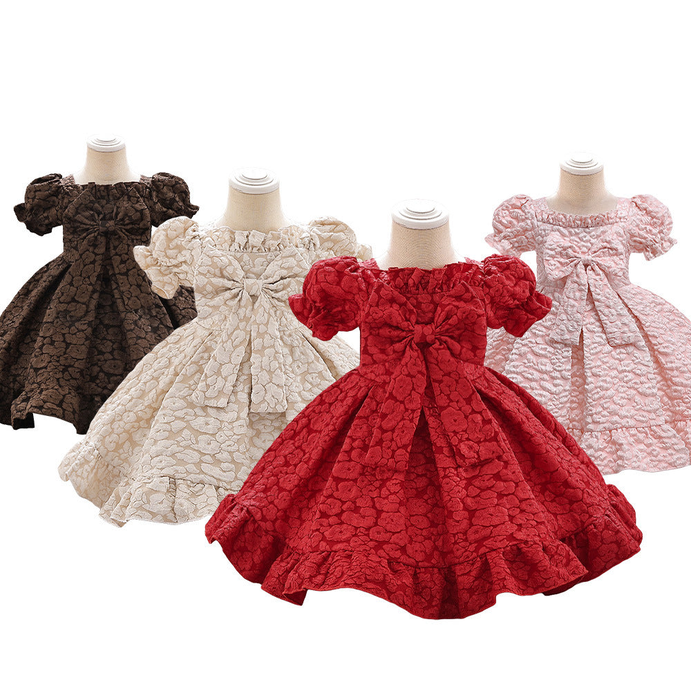 Foreign trade new infant dress bow bubble sleeve embossed princess dress baby birthday first year wash dress