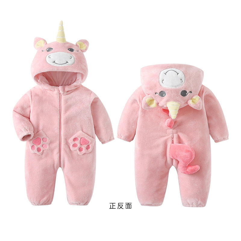 Qile Rabbit autumn new 0-3 year old infant pink unicorn styling clothes flannel single-layer onesie