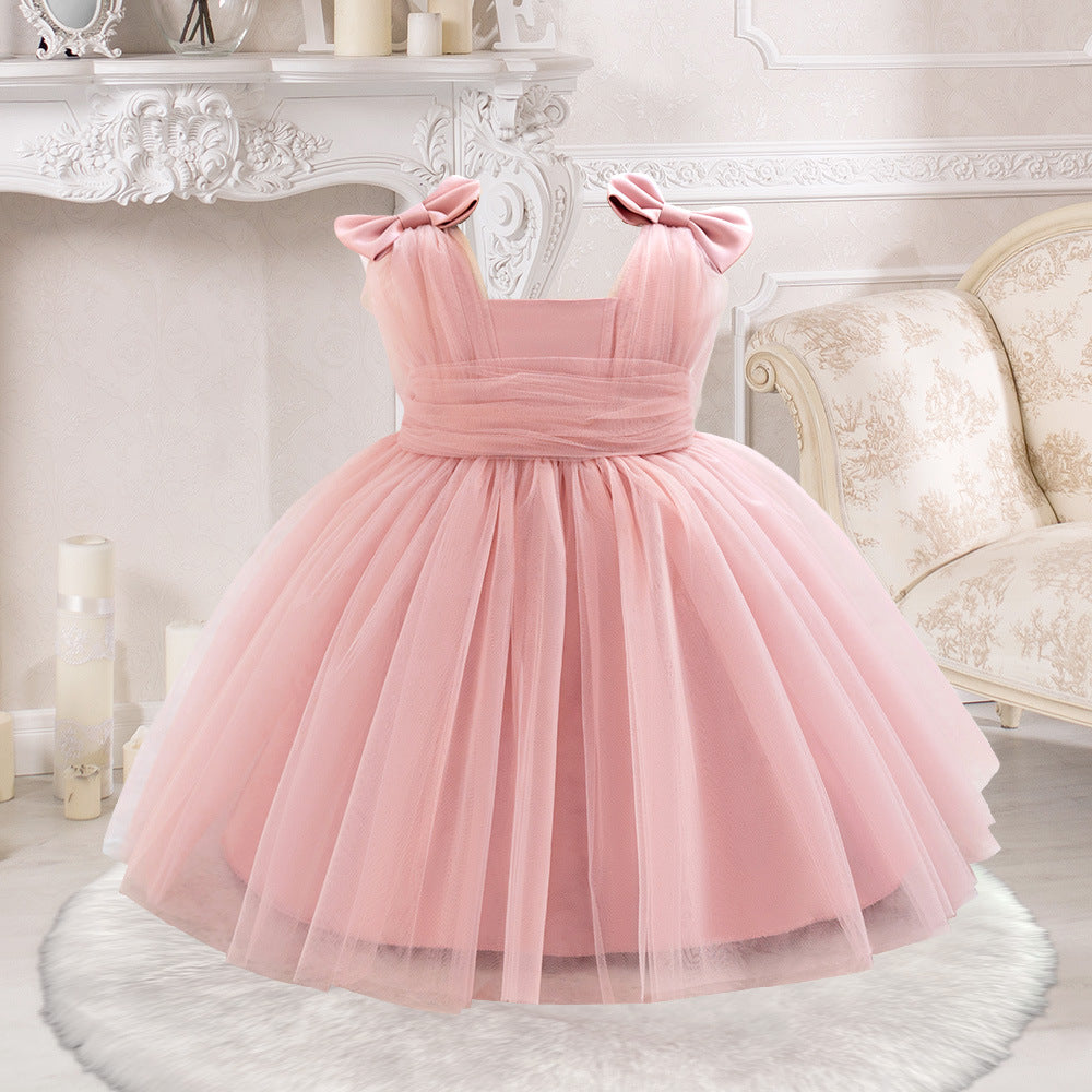 Amazon's new baby dress sleeveless bow waist pleated mesh skirt wedding flower girl skirt