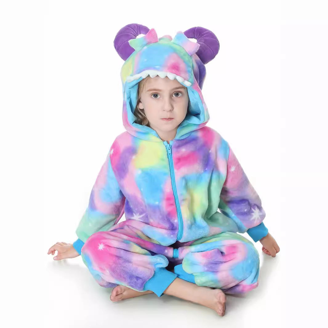 Autumn new children's cartoon styling clothes flannel single-layer tie-dye multi-color, monster styling onesie