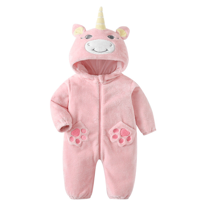 Qile Rabbit autumn new 0-3 year old infant pink unicorn styling clothes flannel single-layer onesie