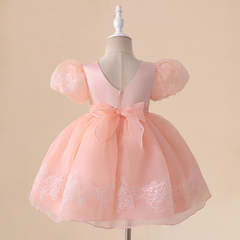 Amazon Children's Dress Baby Birthday One Year Banquet Embroidered Mesh Bubble Sleeve Bow Fluffy Princess Dress