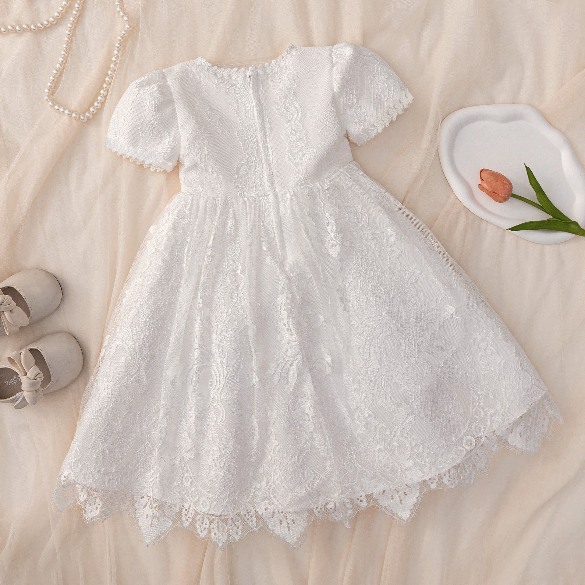 Cross-border one-year-old baby embroidered mesh tutu skirt infant bubble sleeve dress skirt girls 100th birthday dress