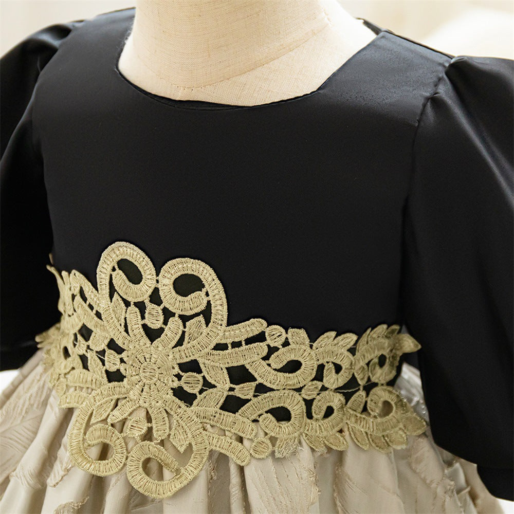 Foreign trade infant and toddler dress court satin cloth back bow princess dress lantern sleeve embroidered waist dress