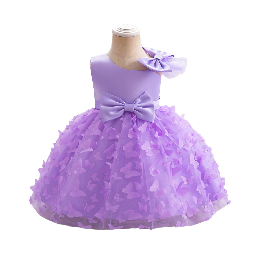 New Girls Princess Dress Mesh Children's Dress Girls' Medium and Children's Three-dimensional Small Butterfly Trouser Dress Birthday and One-Year Dress