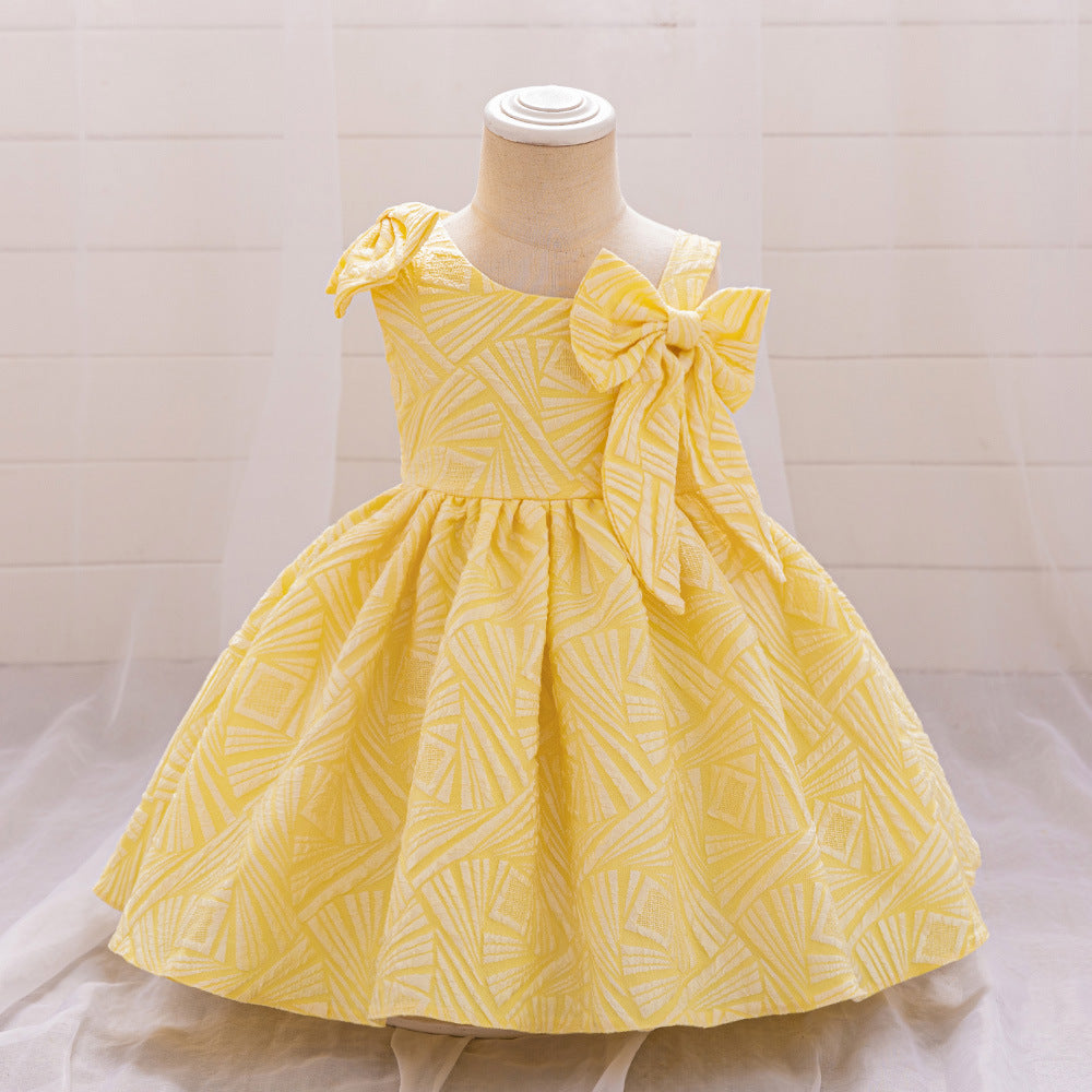 Linson's new infant dress, baby birthday party wash dress, slanted shoulder bow princess dress