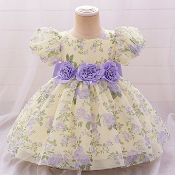 2025 cross-border new children's princess skirt floral skirt girls' dress one-year-old dress mesh three-dimensional applique dress