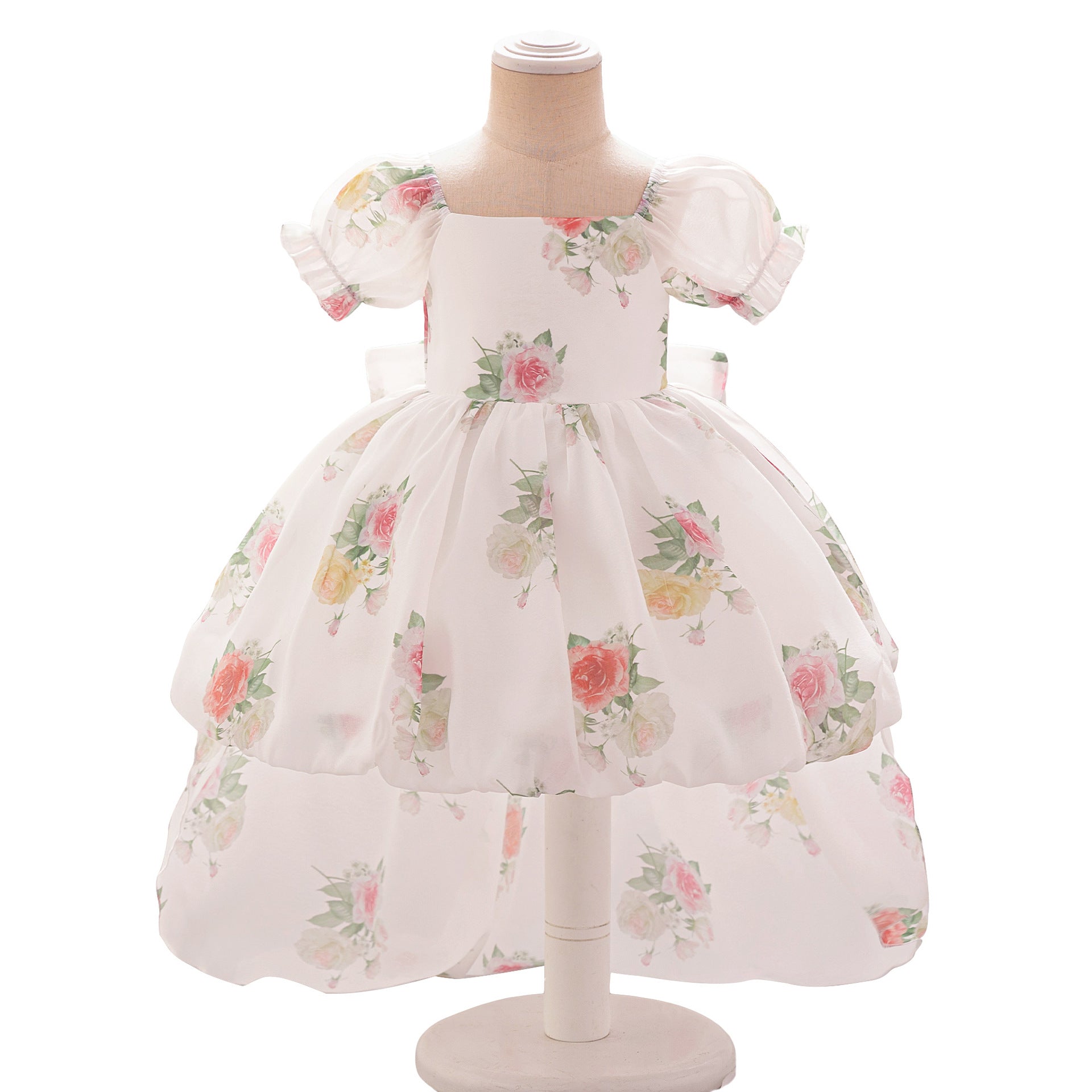 Girls dress skirt floral print bubble sleeves trailing fairy sweet little flower children's wedding dress children's princess dress