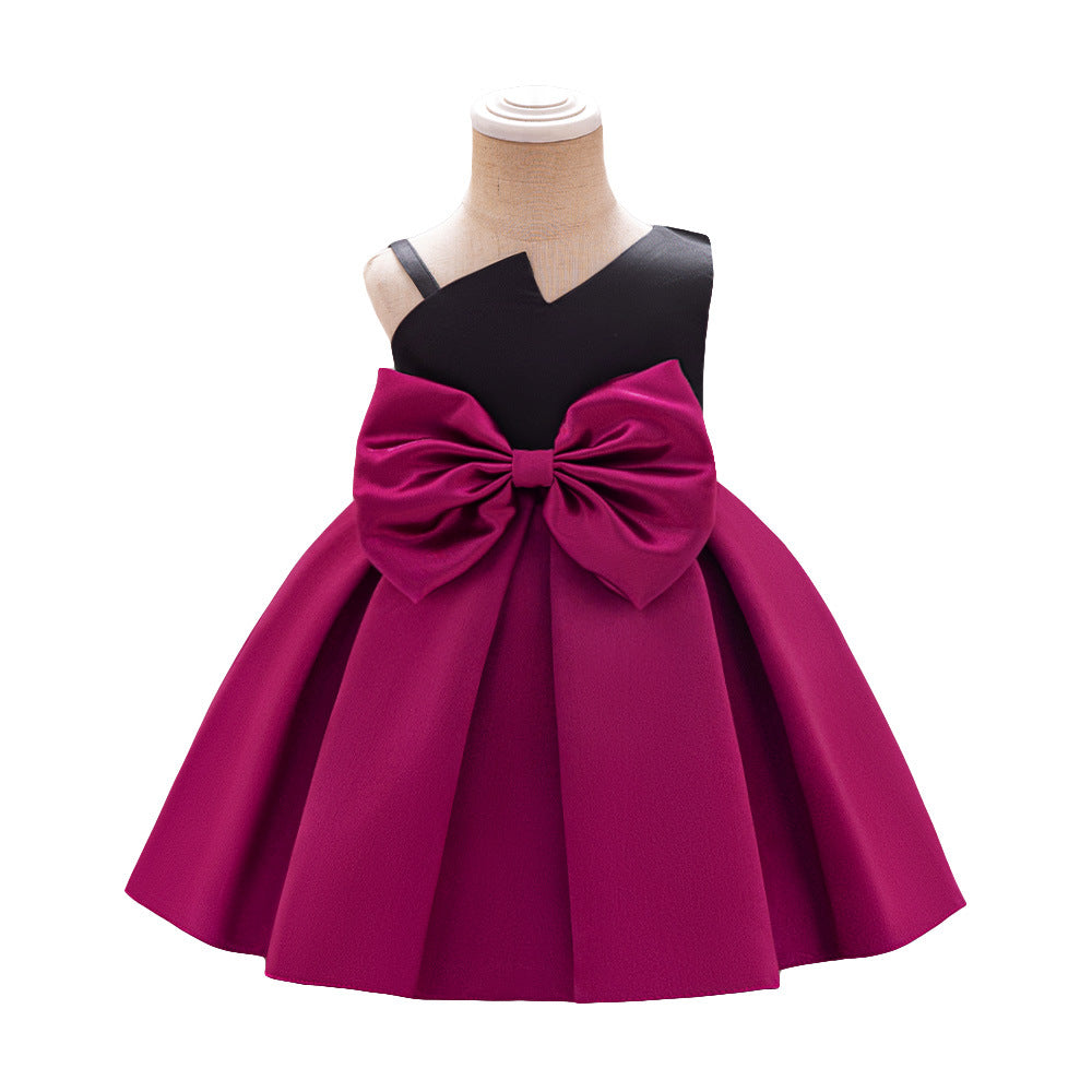 Cross-border new one-year-old dress skirt bow dress slanted shoulder dress baby dress catwalk princess dress