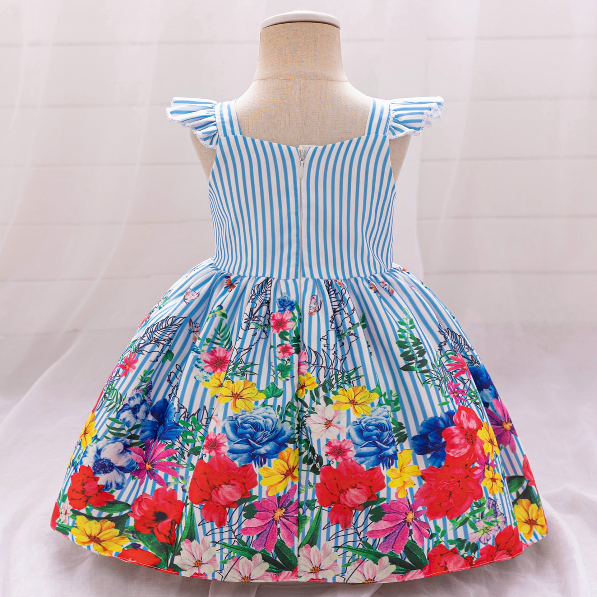 Cross-border new girls' princess dress striped satin dress first birthday dress Xiaofei sleeve print dress dress