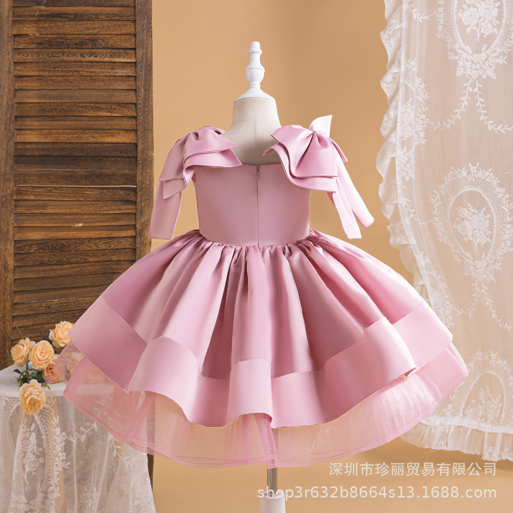 Solid color fluffy bow princess dress