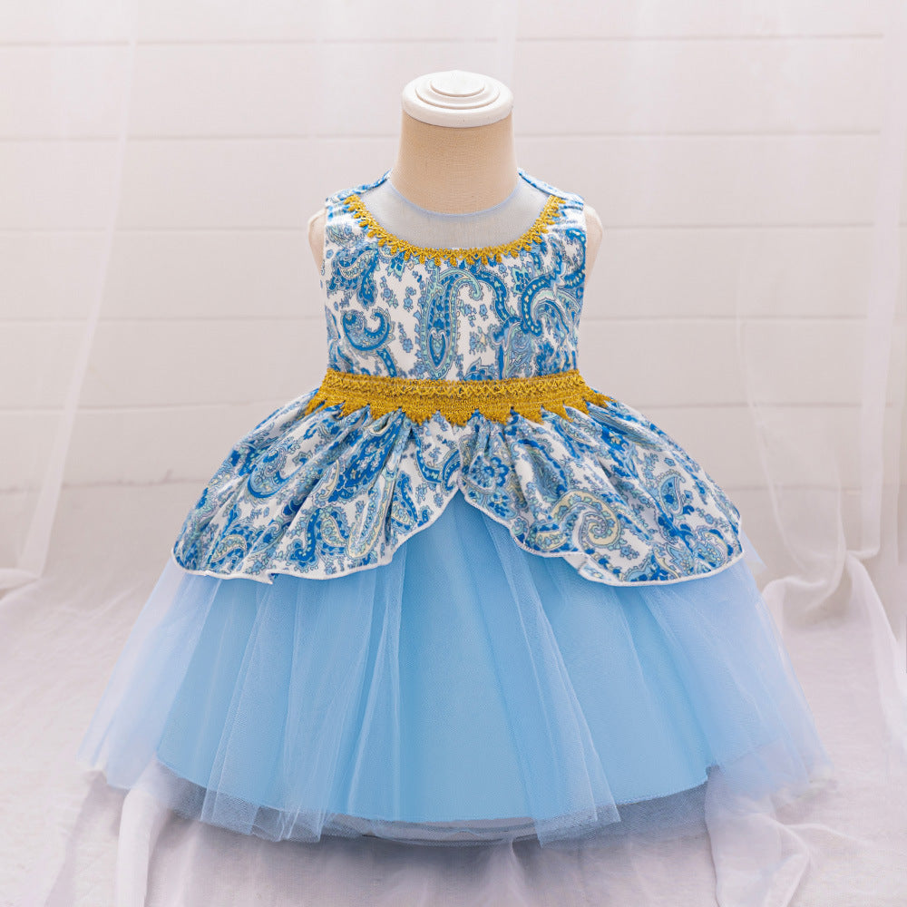 European and American cross-border new children's dresses, annual dresses, summer national tide dresses, satin cloth printing sleeveless princess dresses