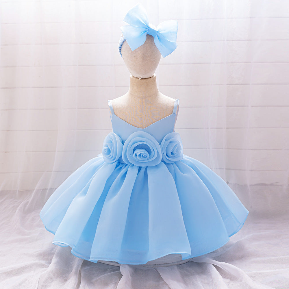 Foreign trade new infant princess dress baby first birthday banquet dress three-dimensional corsage suspender dress