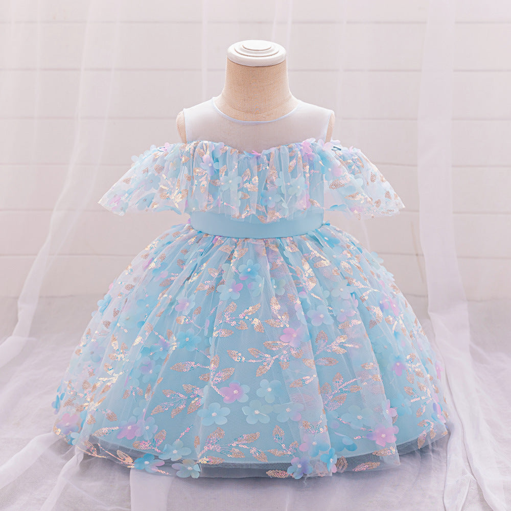 Summer new children's princess dress girls year-old dress one-word shoulder dress mesh applique dress