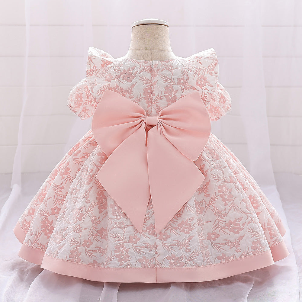 Cross-border European and American baby one-year-old infant and toddler dress bubble cloth printing back big bow princess dress spot