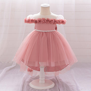 Amazon's new medium and small children's dress one-word shoulder three-dimensional flower bow trailing skirt wedding flower girl princess skirt