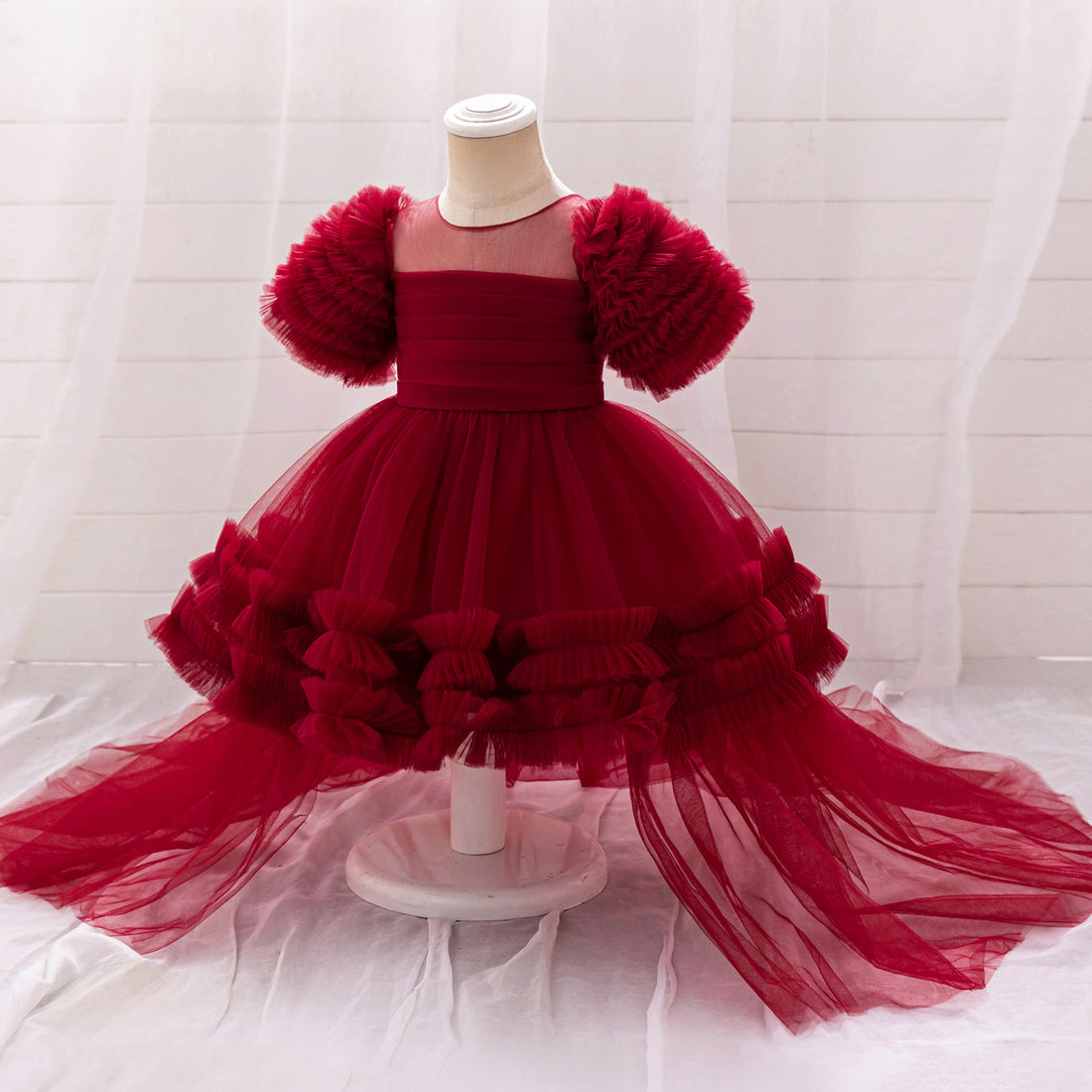 Cross-border girls trailing red cake dress children's party dress princess dress baby one-year-old wedding dress