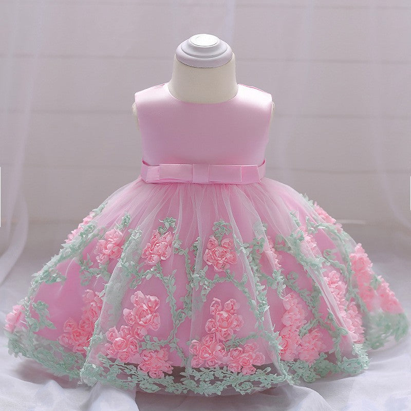 2023 summer new girls' children's clothing children's wedding dress baby one-year-old dress applique mesh fluffy skirt