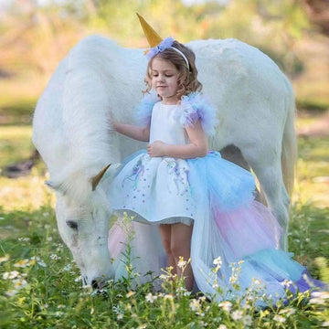 Children's Dress Little Girl Walk Show Dress Rainbow Unicorn Trailing Mesh Dress Halloween Girl Dress