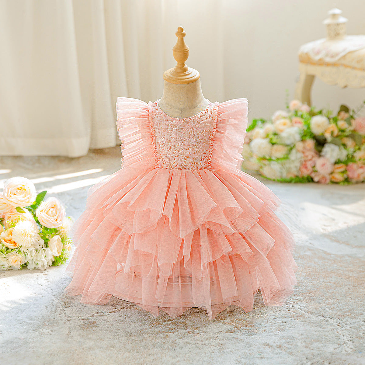 Girls baby puffy dress dress embroidered lace first birthday children's dress multi mesh cake princess dress