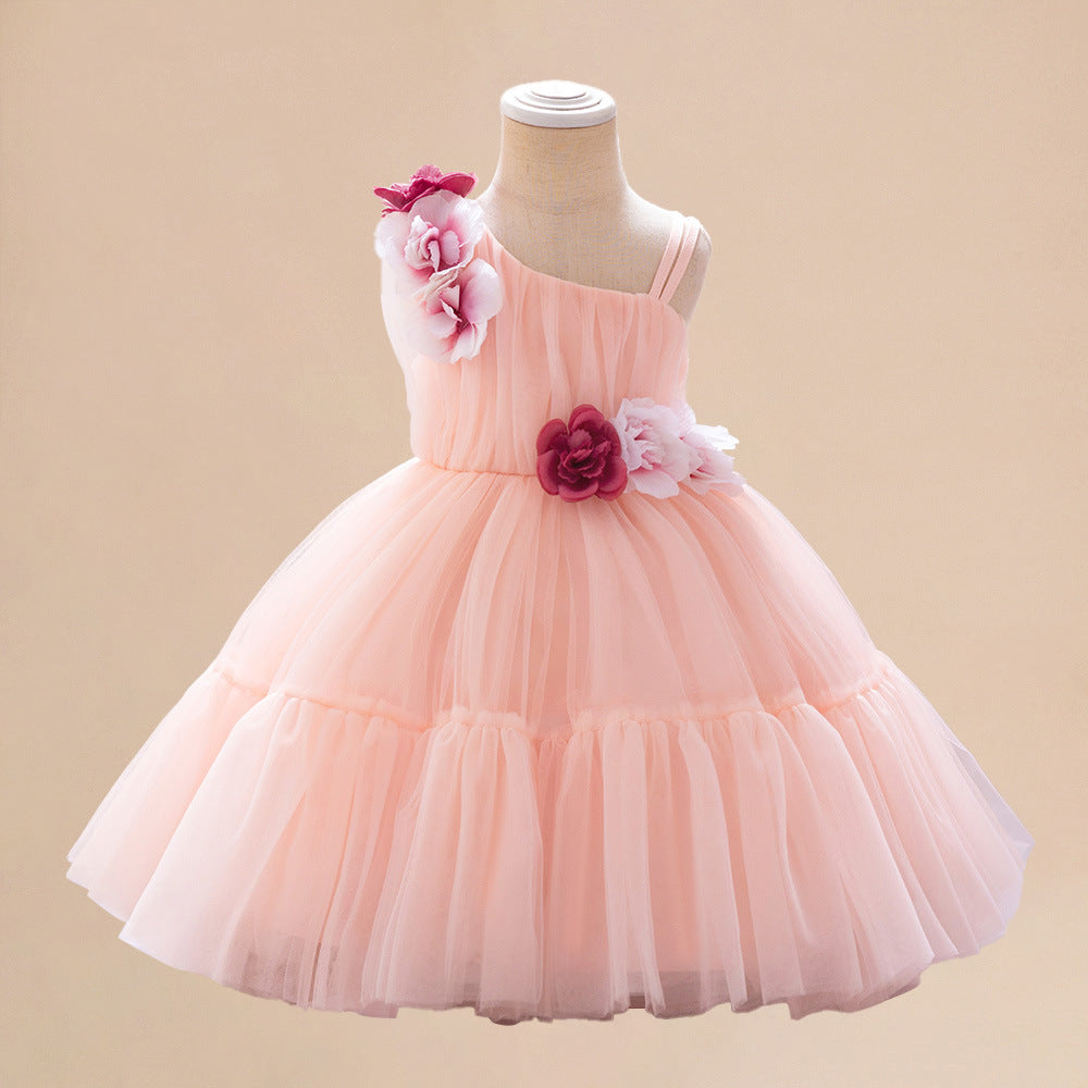 Amazon's new children's dress slanted shoulder three-dimensional flower mesh one-year-old dress baby hundred-day birthday dress