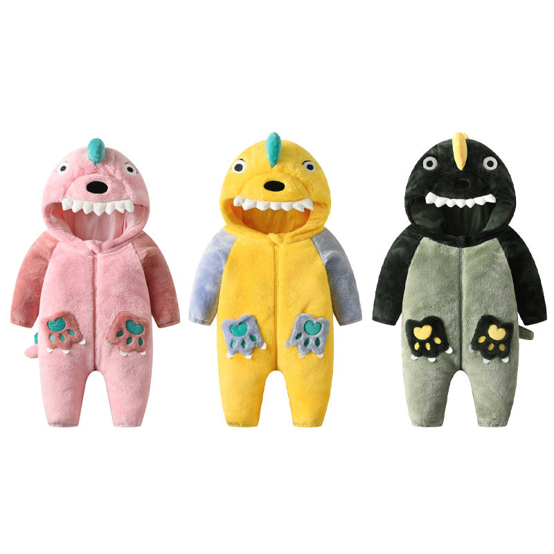 Qile Rabbit Spring and Autumn New Infant and Toddler Baby onesie Cute style contrasting color pocket dinosaur single-layer styling clothes