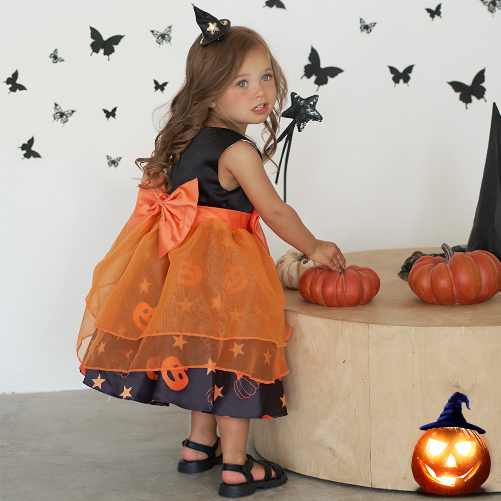 Cross-border infant and toddler clothing Halloween pumpkin print tutu dress girls sleeveless bow dress birthday gift