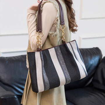 Korean version of large-capacity women's shoulder bag women's 2025 new simple vertical striped casual tote bag fashion handbag
