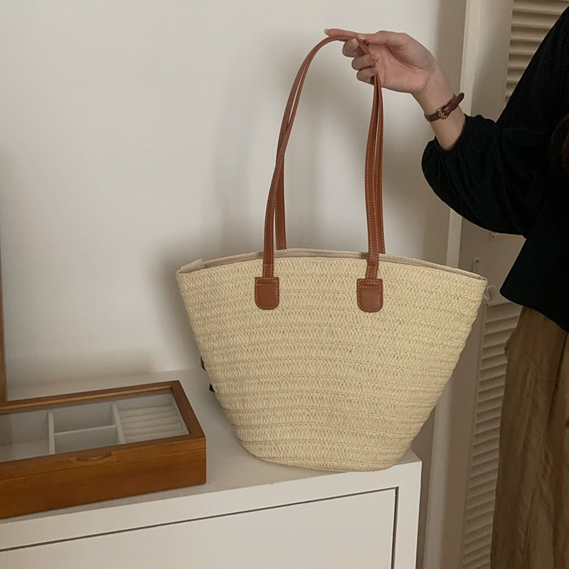 New Women's Large Capacity Straw Beach Bag – Woven Bucket Tote