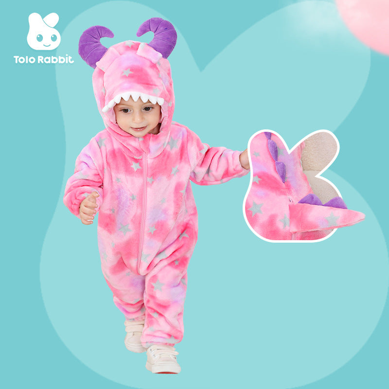 Autumn new 0-3 year old baby flannel-shaped Romper Little Monster hooded one-piece Romper