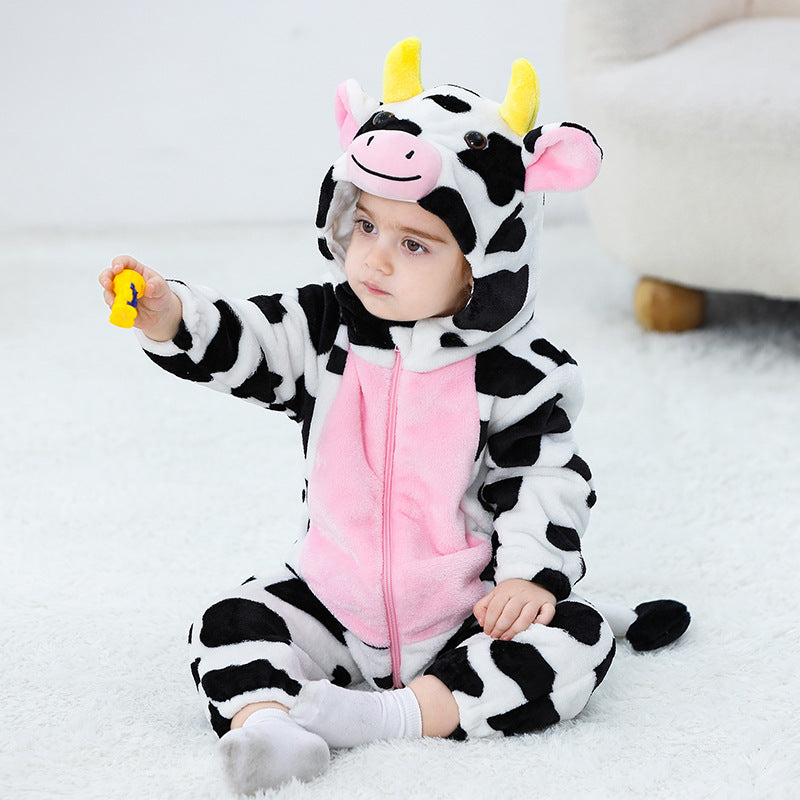 Qile Rabbit autumn new infant baby animal shape flannel single-layer cow shape one-piece Romper