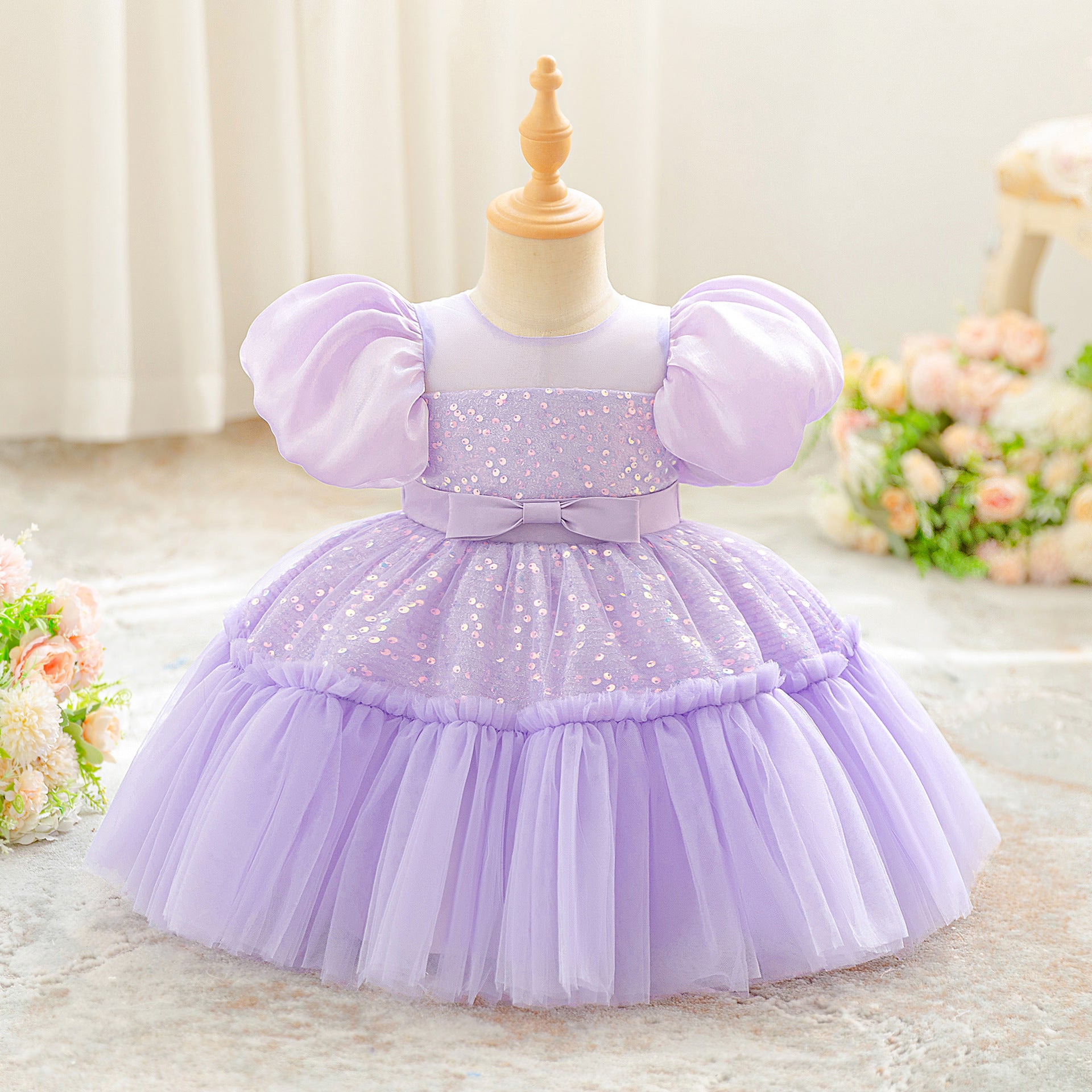 Amazon little girl wedding dress flower girl dress children's bubble sleeve sequins high-end princess dress host performance dress