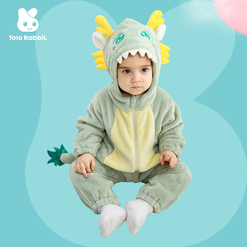 Qile Rabbit autumn new baby single-layer flannel cartoon dinosaur shape hooded one-piece Romper