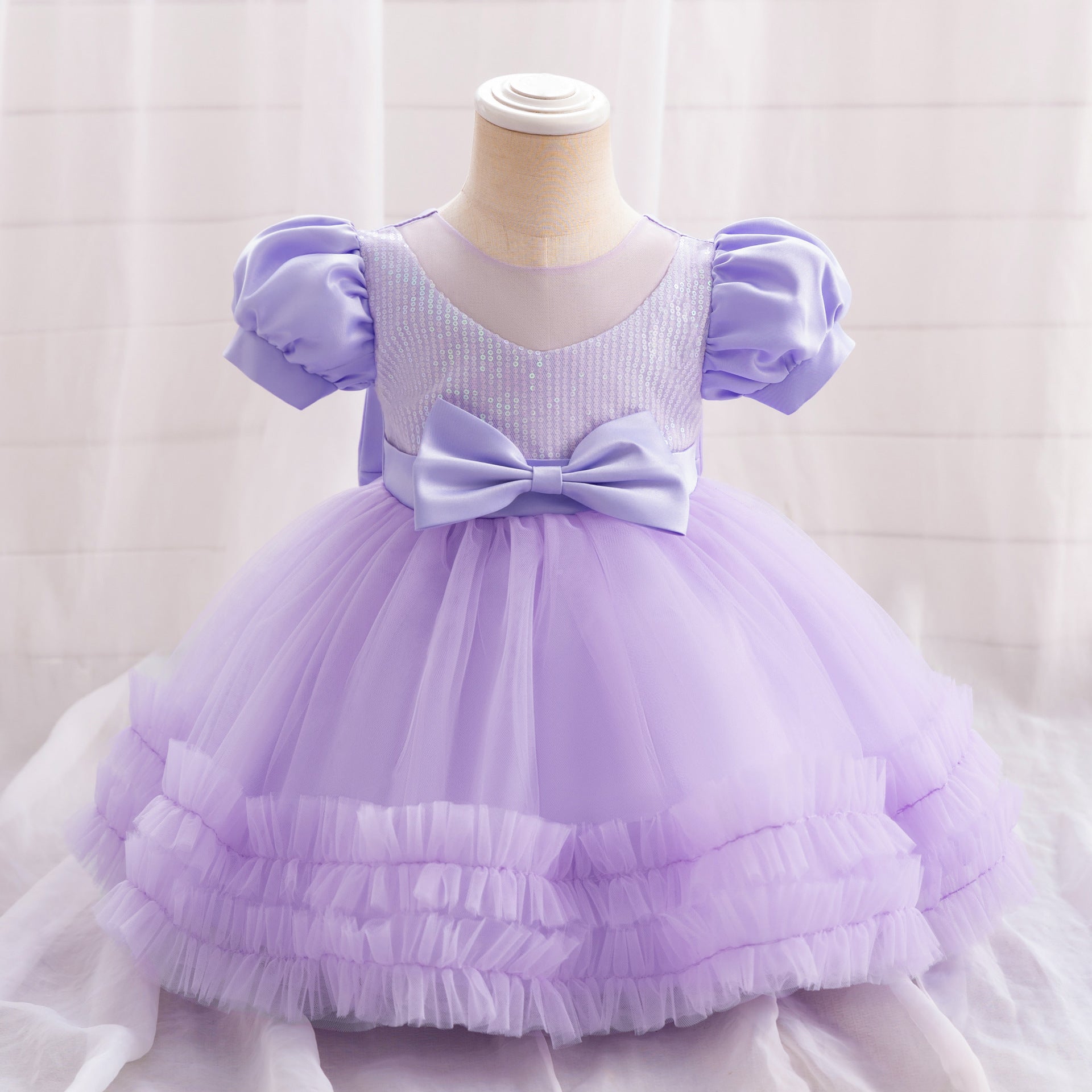 AliExpress Infant Dress Baby's First Birthday Banquet Dress Bubble Sleeve Bow Dress
