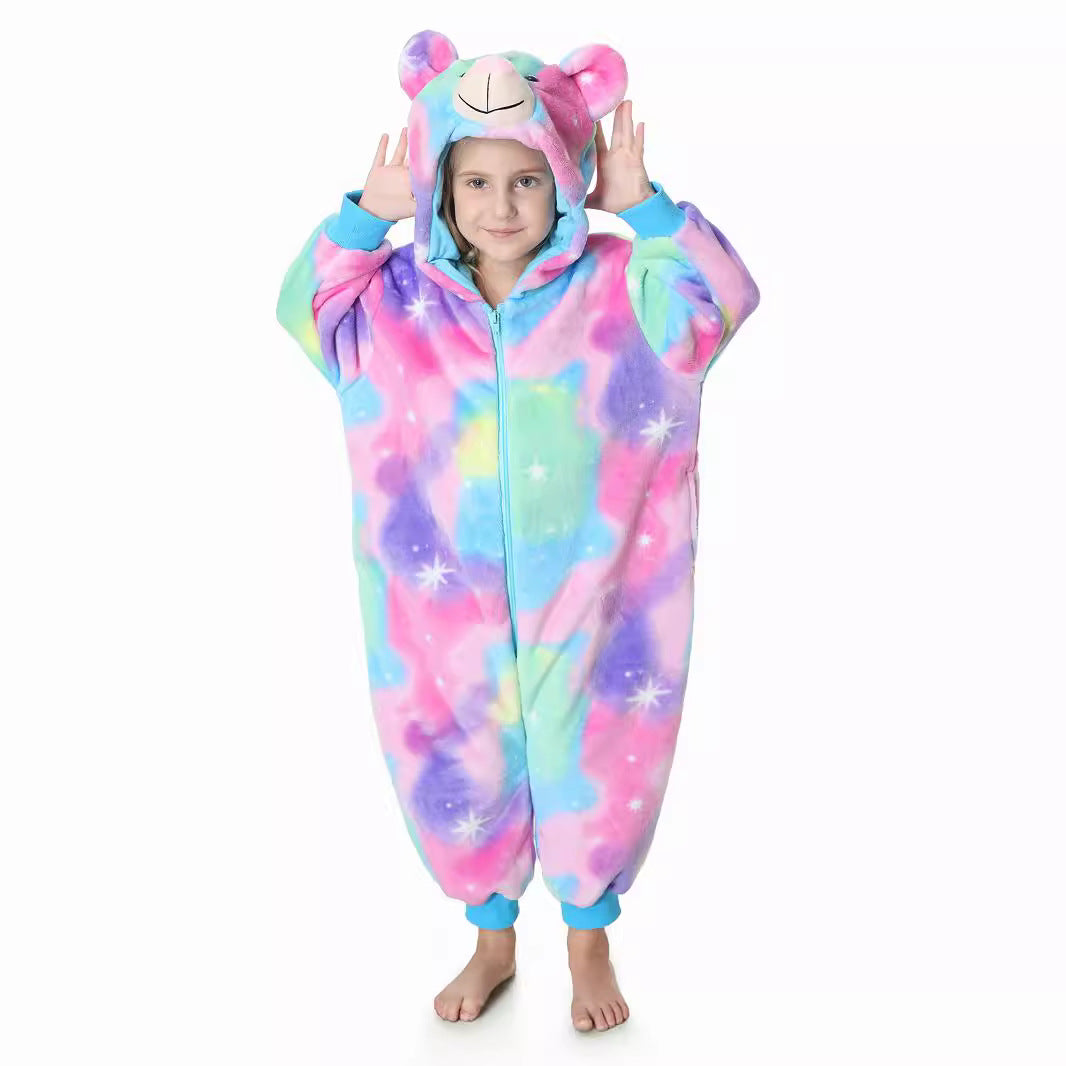Autumn new children's cartoon styling clothes flannel single-layer cute rainbow bear styling onesie