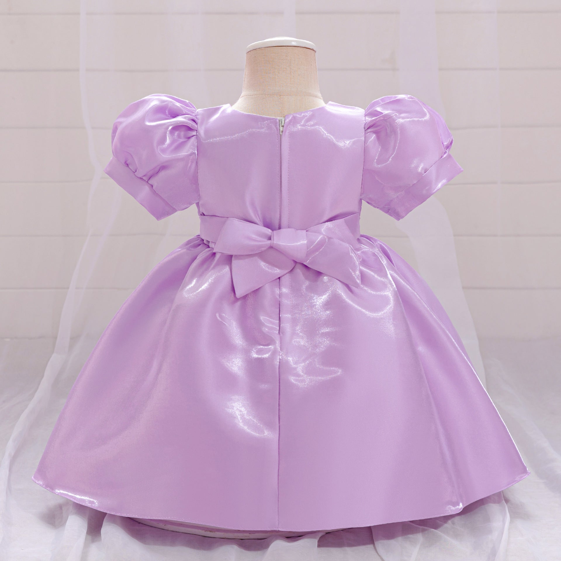 2024 New Girls' Princess Dress Water Gloss Satin Children's Dress Girls' Dress Year-old Flower Girl Dress Bubble Sleeve Fluffy Dress