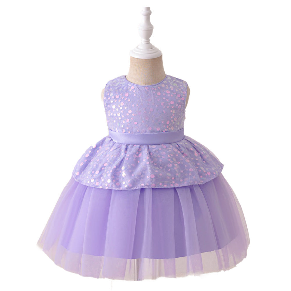 Amazon's new children's dress sleeveless bead splicing mesh tutu skirt baby one-year-old wedding flower girl dress