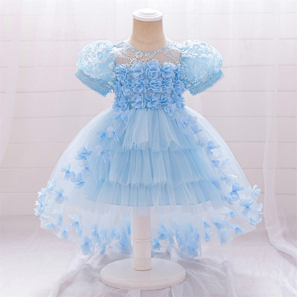 Amazon children's dovetail skirt, medium and older children's three-dimensional flower mesh fluffy dovetail skirt girls' piano performance clothes