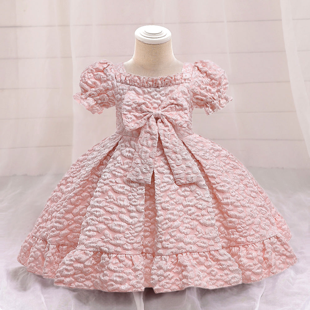 Foreign trade new infant dress bow bubble sleeve embossed princess dress baby birthday first year wash dress