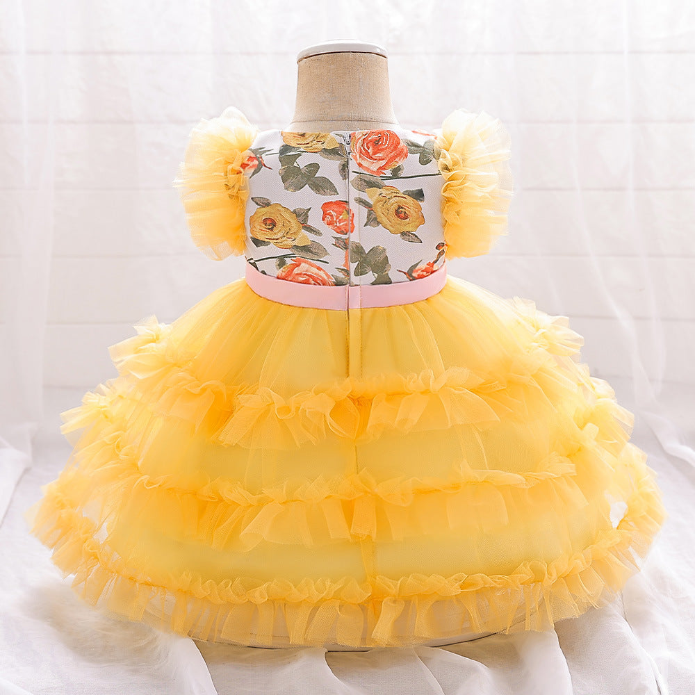 Amazon's new baby one-year-old dress infant princess dress printed mesh pleated puff wash dress spot