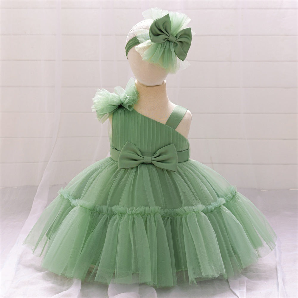 European and American new infant dress fluffy skirt one-year-old baby slanted shoulder bow mesh dress girls dress