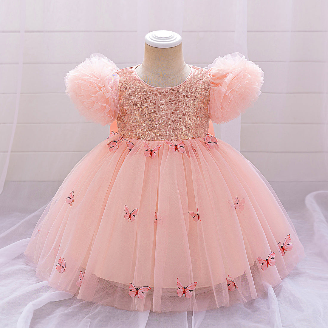 Cross-border infant dress princess dress one-year-old baby 100-day banquet dress butterfly bubble sleeve wedding dress